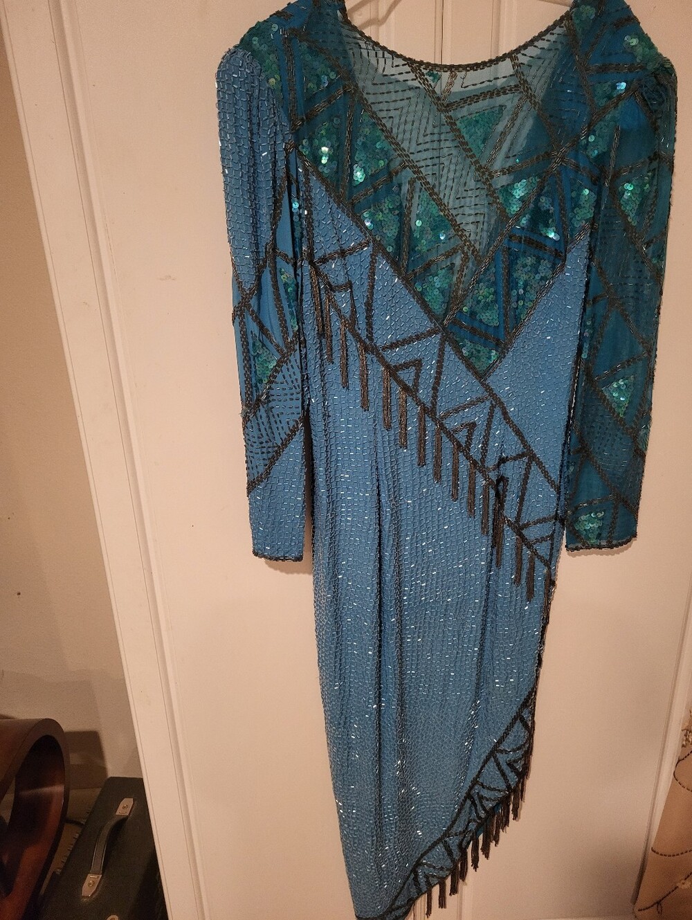 Vintage SHO MAX Teal Blue Beaded Sequin Gown 100% Silk Y2K 80's Gown  Size Large